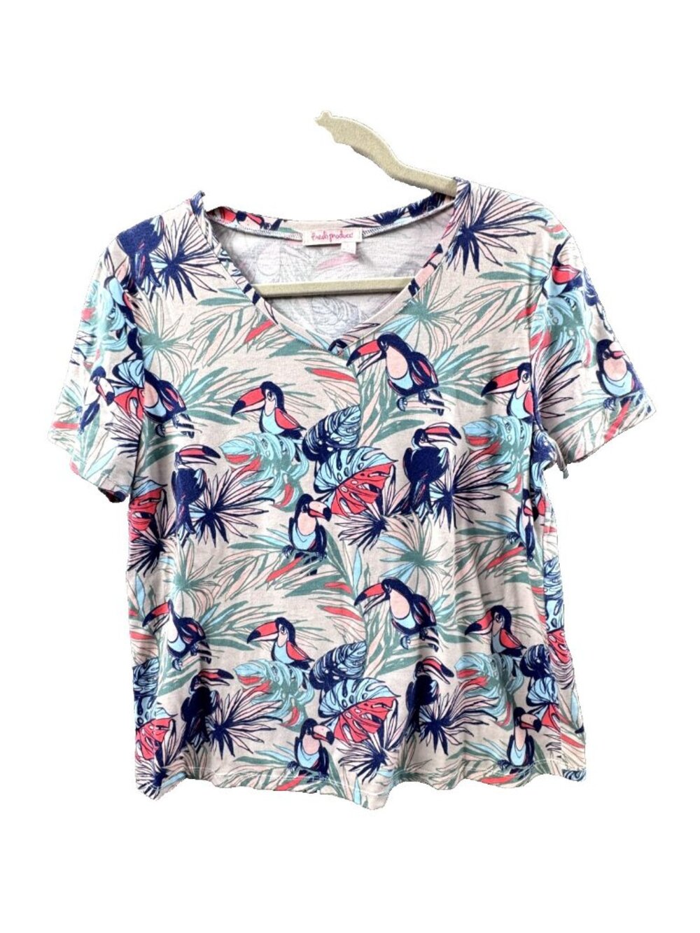 Fresh Produce Women's Large Toucan Tropical Bird Print V-Neck T-Shirt Cotton